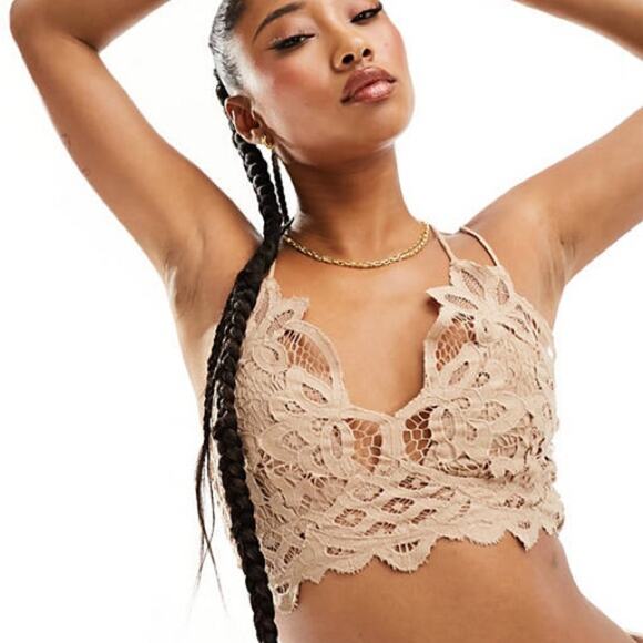 Free People FP One Adella Crochet Smocked Bra Bralette Sand Tan Size XS - Picture 1 of 5